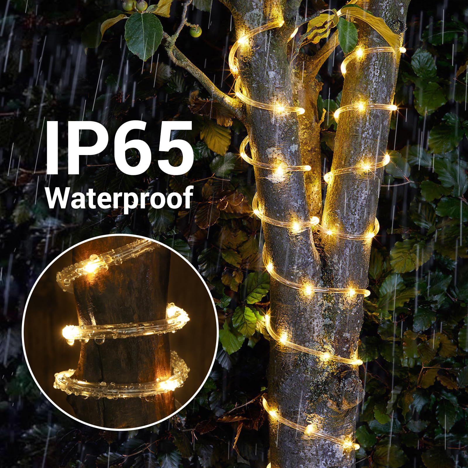 Jnaurb IP65 waterproof rope lights stand up to rain for outdoor use.