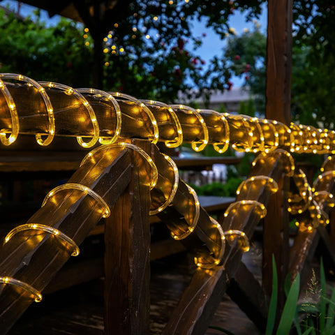Jnaurb IP65 waterproof rope light withstands rain for year-round garden illumination.