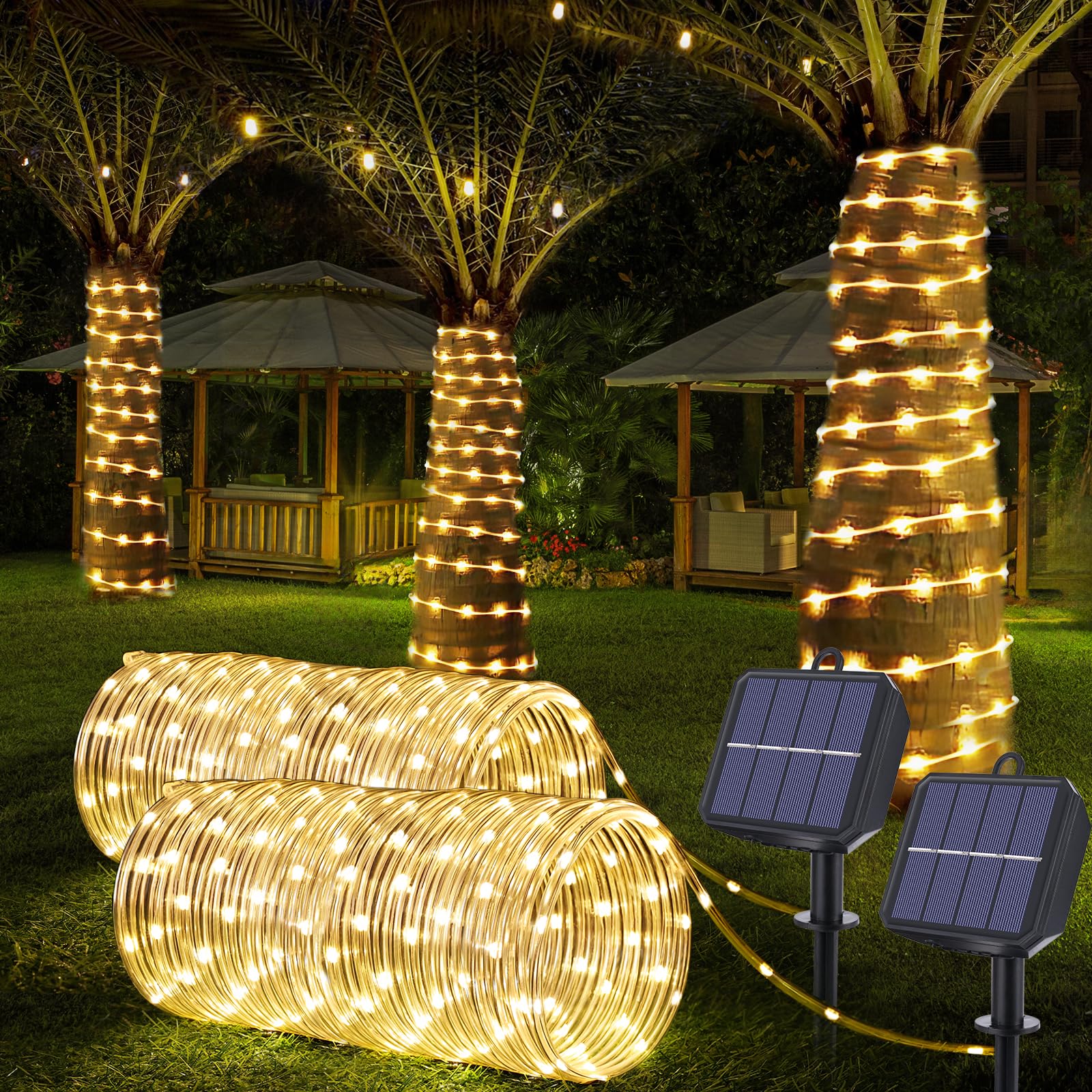 Jnaurb solar rope lights 66ft 200LED illuminate outdoor spaces with warm white glow