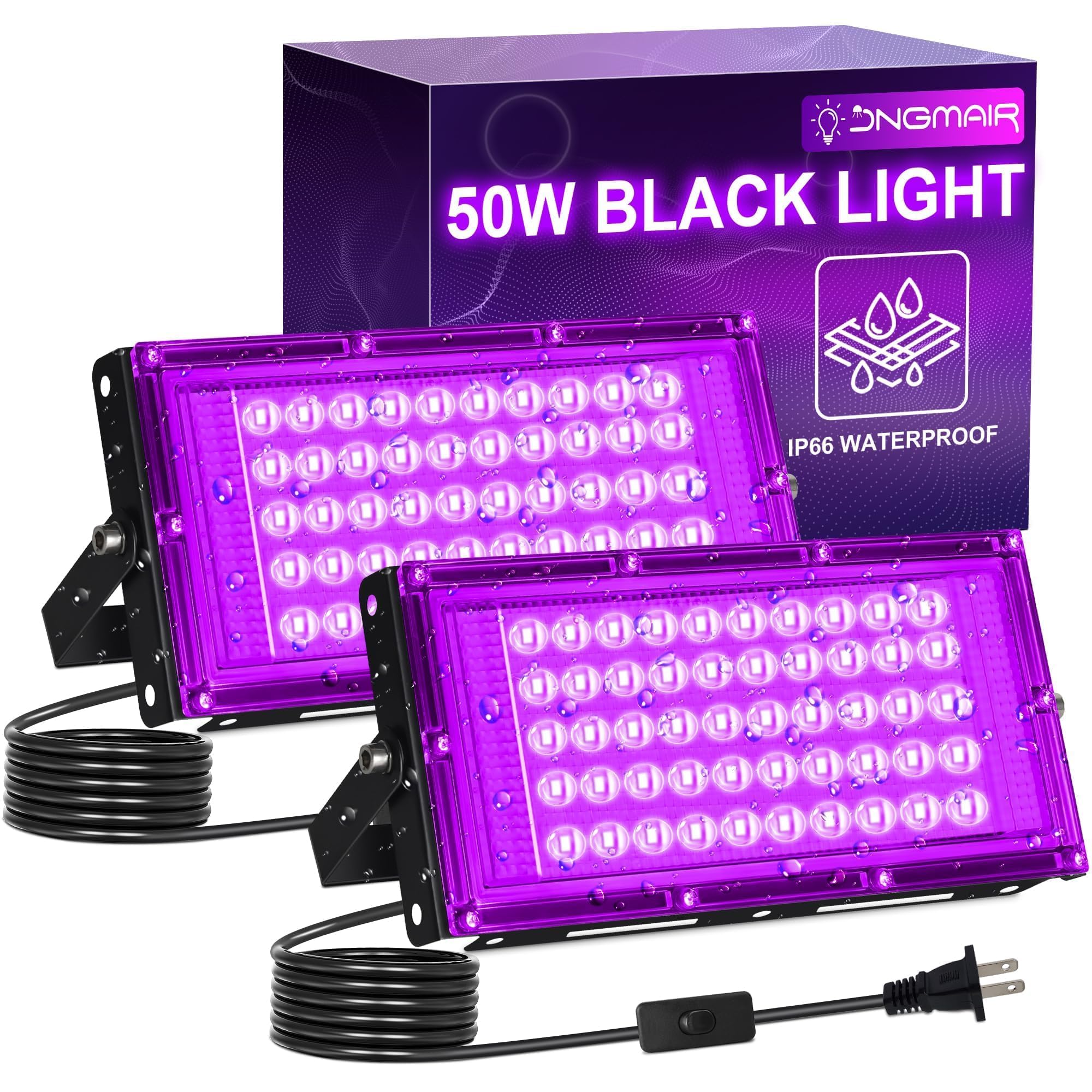 JNGMAIR 50W black light outdoor floodlight illuminates large areas for glow parties.
