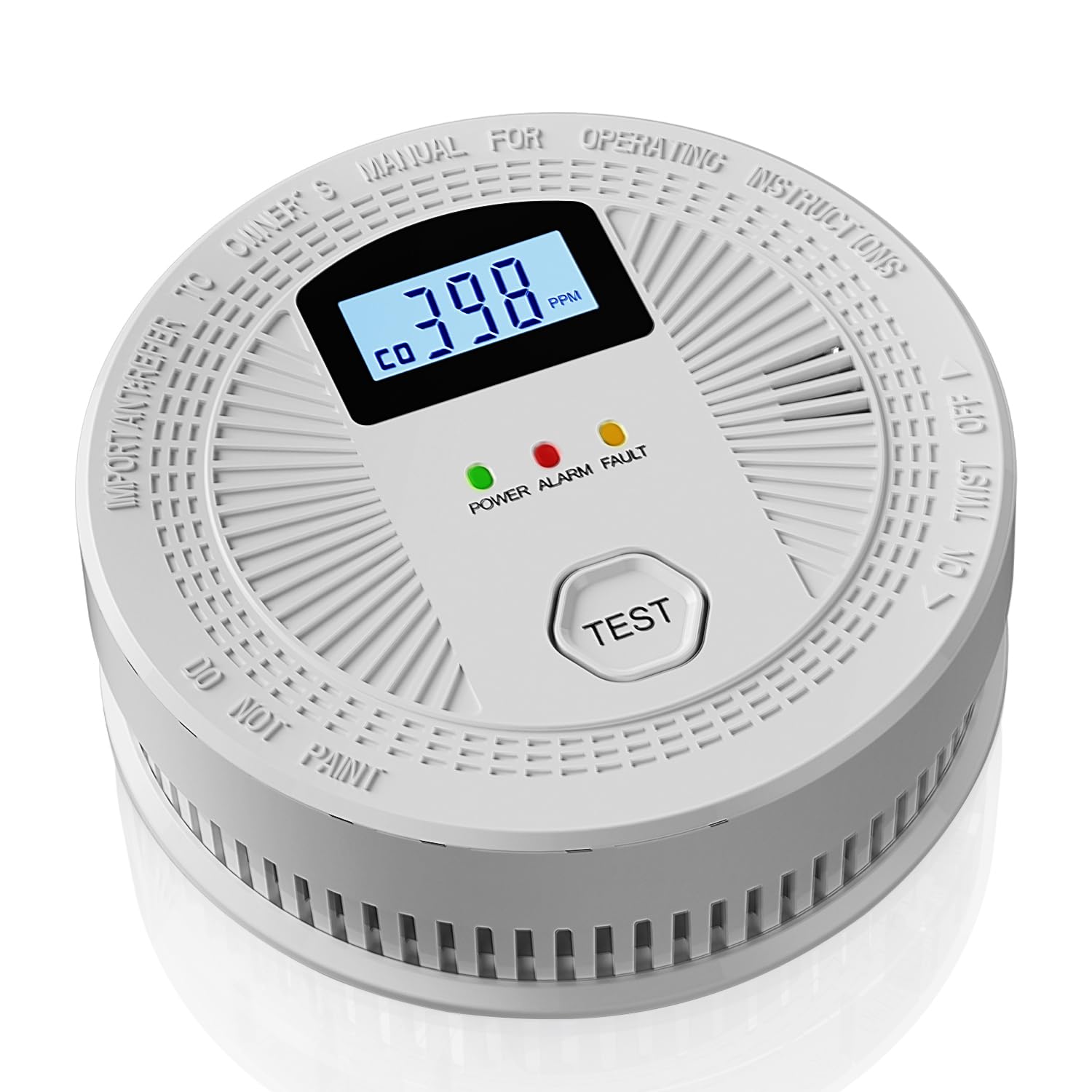 JNHCD combination CO and smoke alarm with digital display, front view showing readable readings