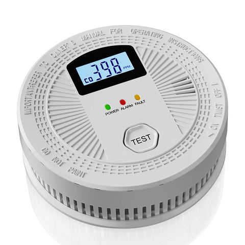 JNHCD combination CO and smoke alarm with digital display, front view showing readable readings