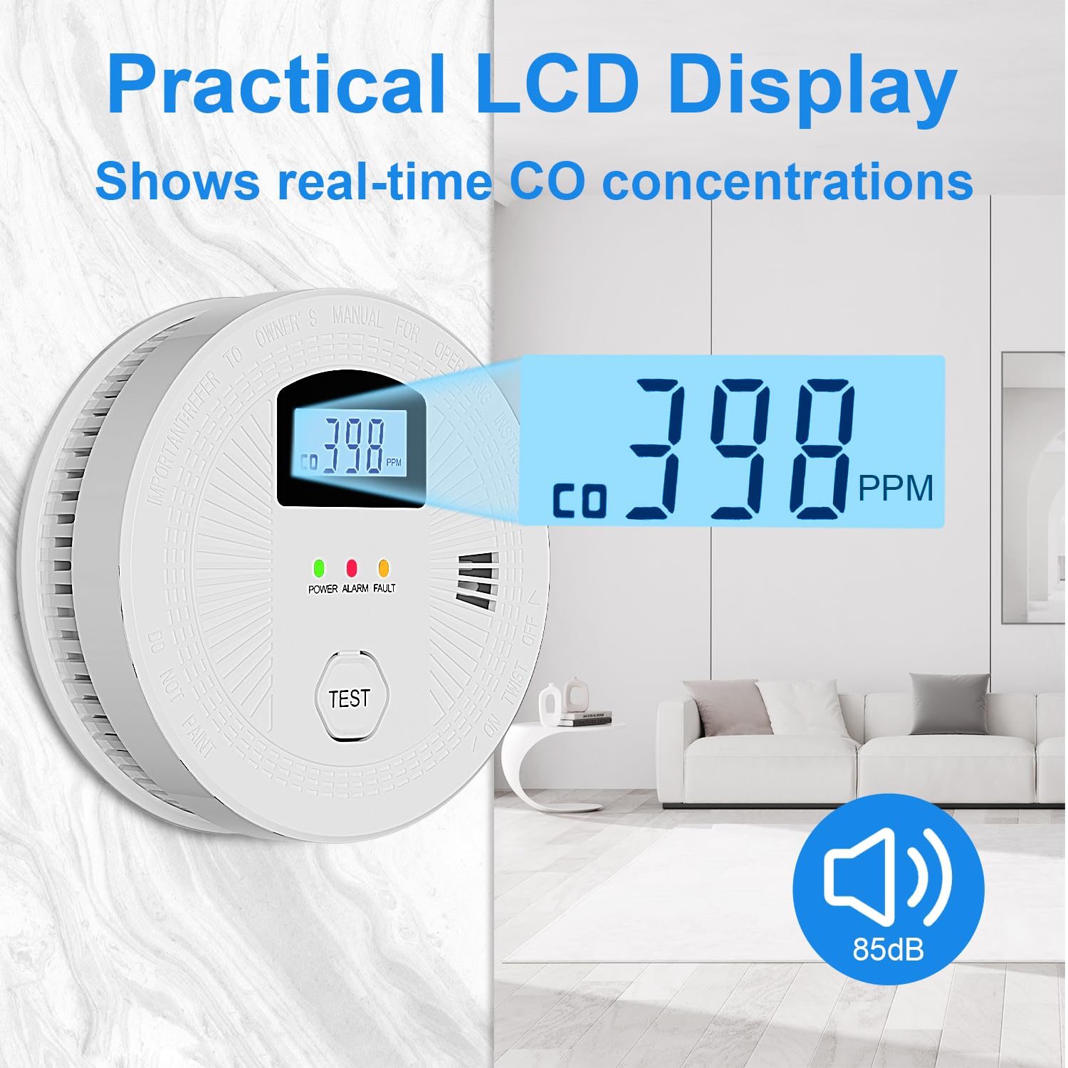 JNHCD digital display showing current CO and smoke readings