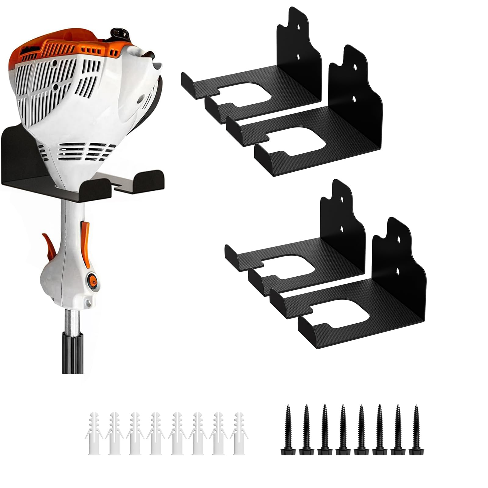 JNIHEEP garage organizer trimmer rack mounted on a wall for easy tool access
