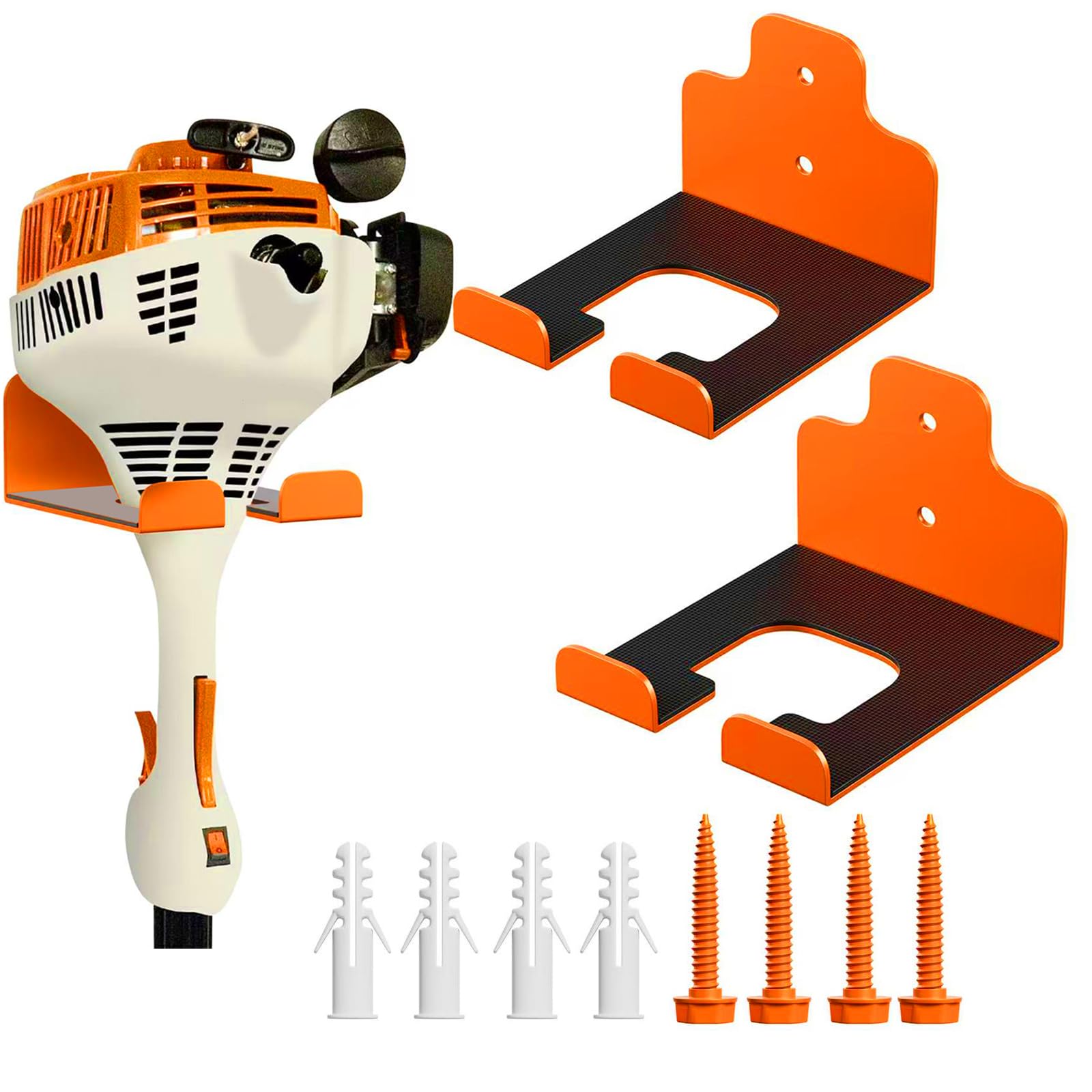 JNIHEEP garage organizer trimmer rack wall mount front view in orange two-pack