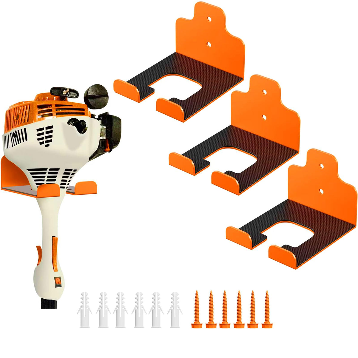 JNIHEEP garage organizer trimmer rack mounted on wall for space-saving tool storage.