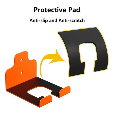 JNIHEEP orange weed eater hanger on wall for quick access.