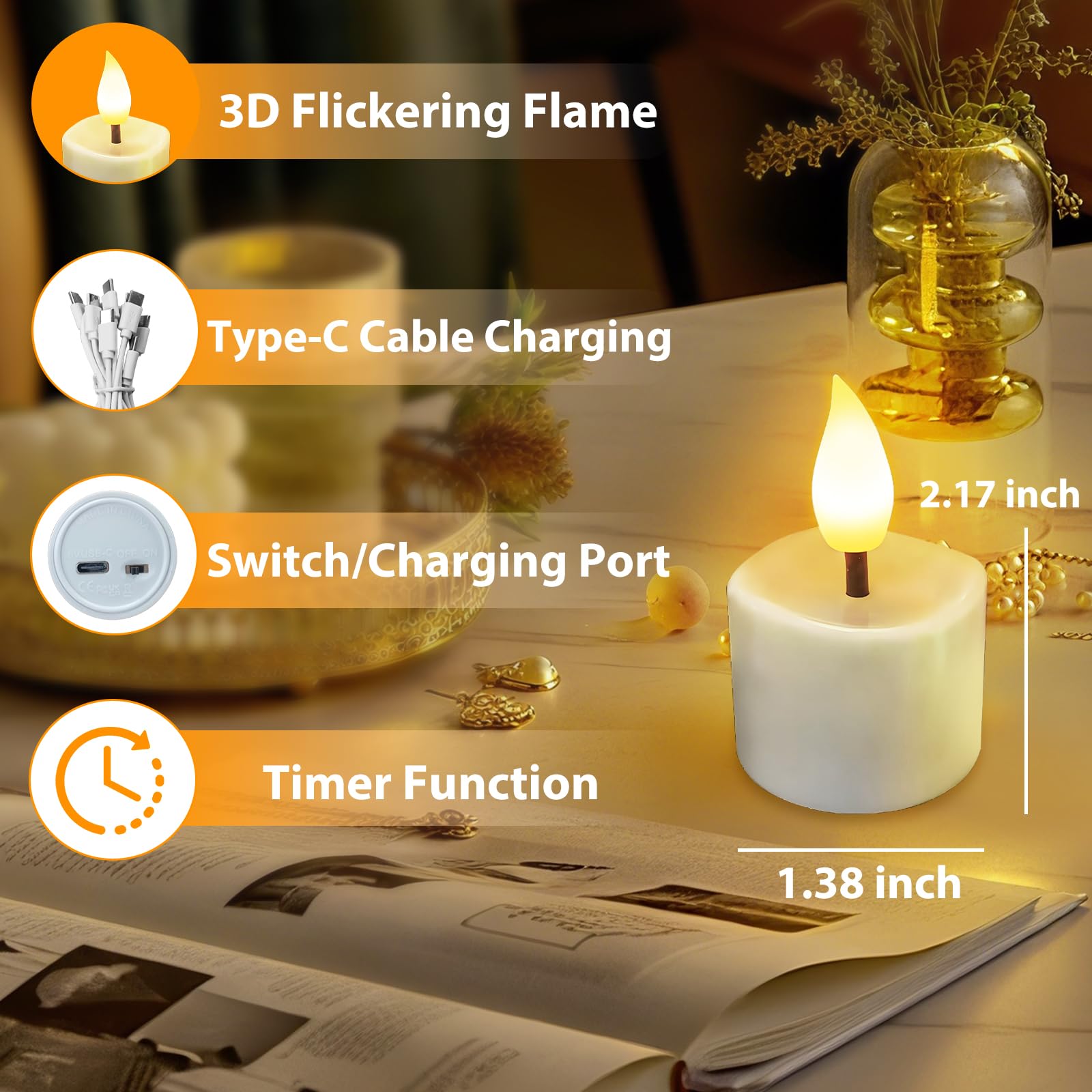 JNOEC tea light with USB-C recharge port for convenient battery life.