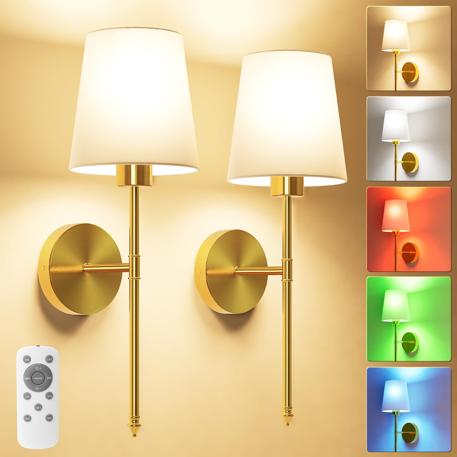 JOFIOS battery-operated wall sconce set of two in gold finish, cordless, ideal for cozy bedroom lighting.