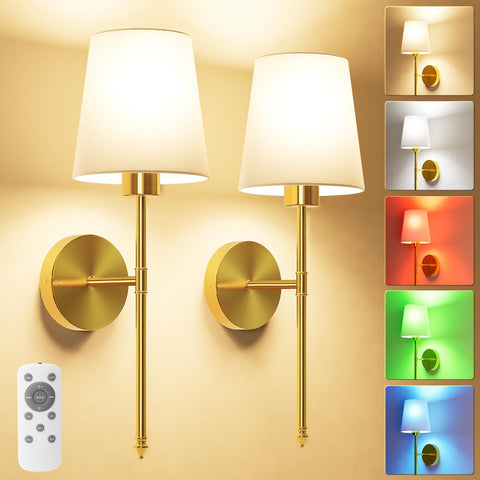 JOFIOS battery-operated wall sconce set of two in gold finish, cordless, ideal for cozy bedroom lighting.
