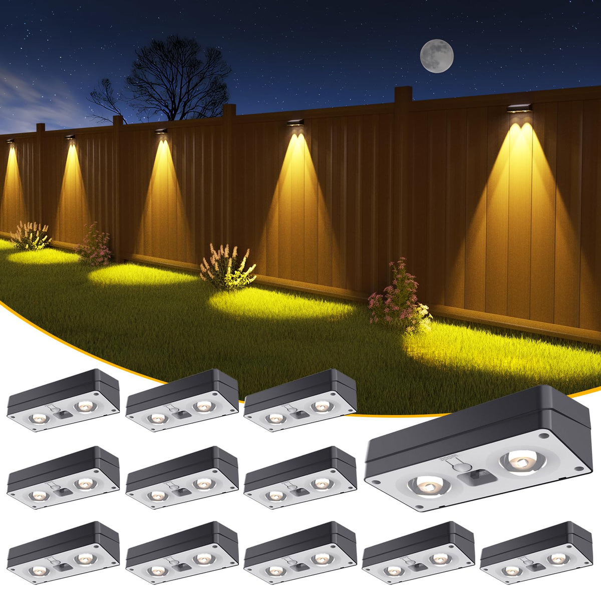 JOFIOS solar fence lights, front view, durable ABS housing providing outdoor ambiance and safety.