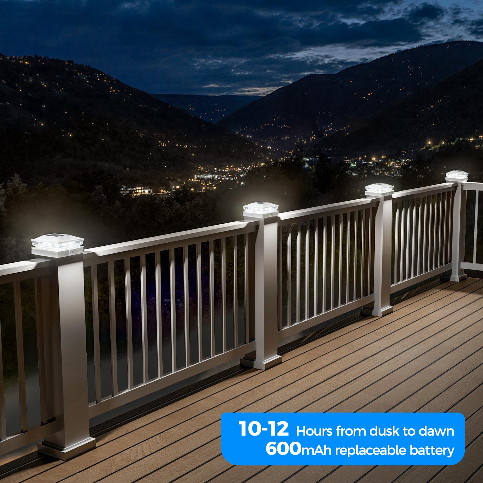 JOFIOS Solar Post Cap Lights fit 5x5 vinyl posts with stylish deck glow.