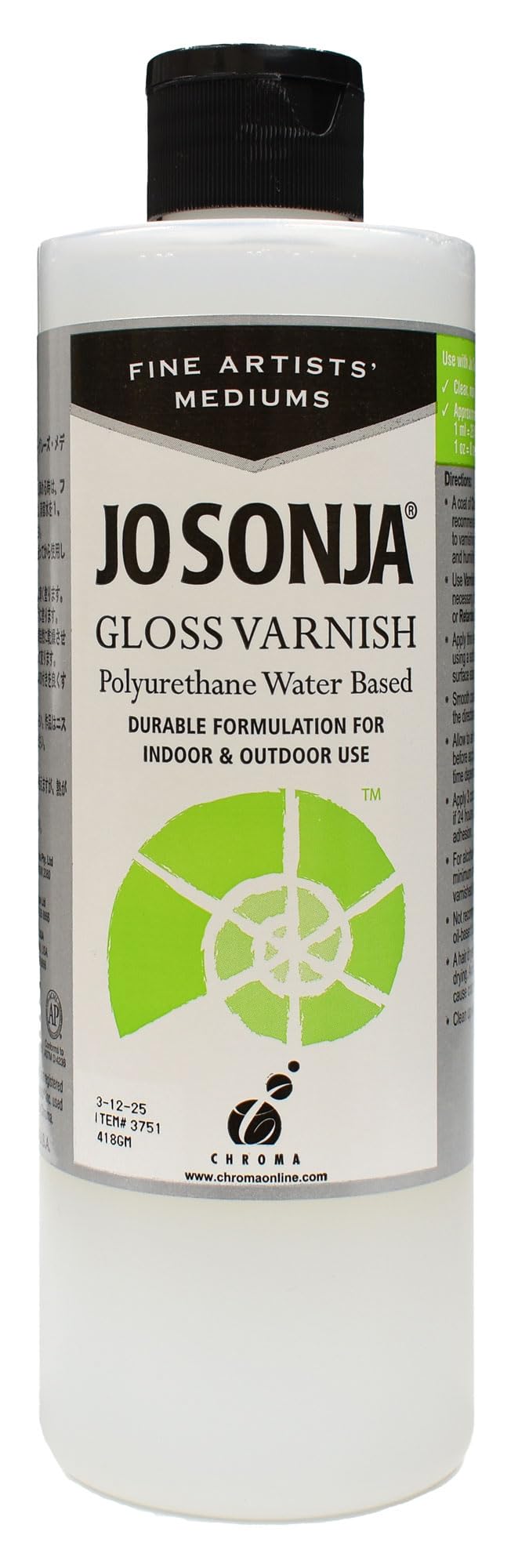 Jo Sonja polyurethane varnish gloss 16oz bottle, ready for indoor and outdoor projects