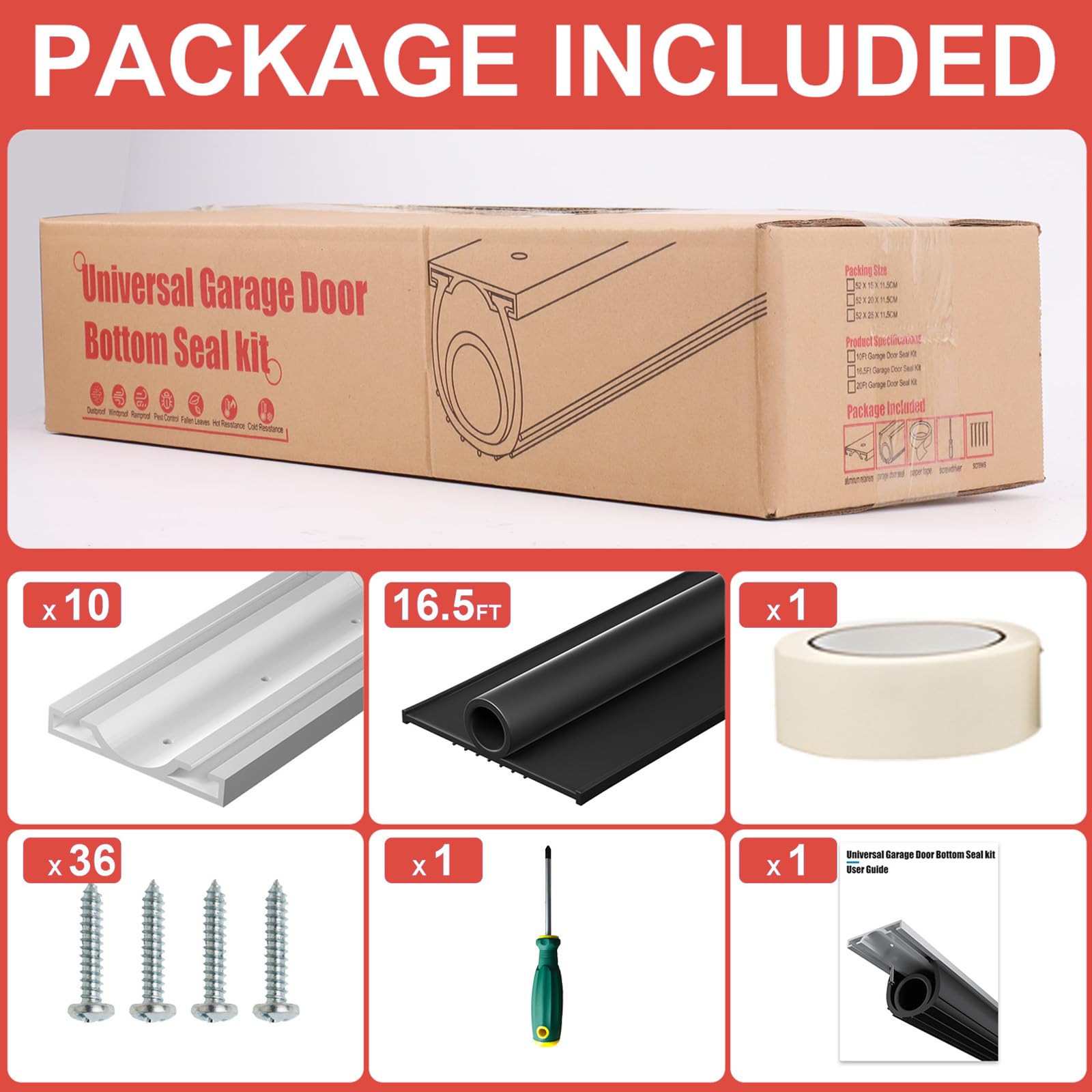 Package contents including tracks and seal for DIY home setup.