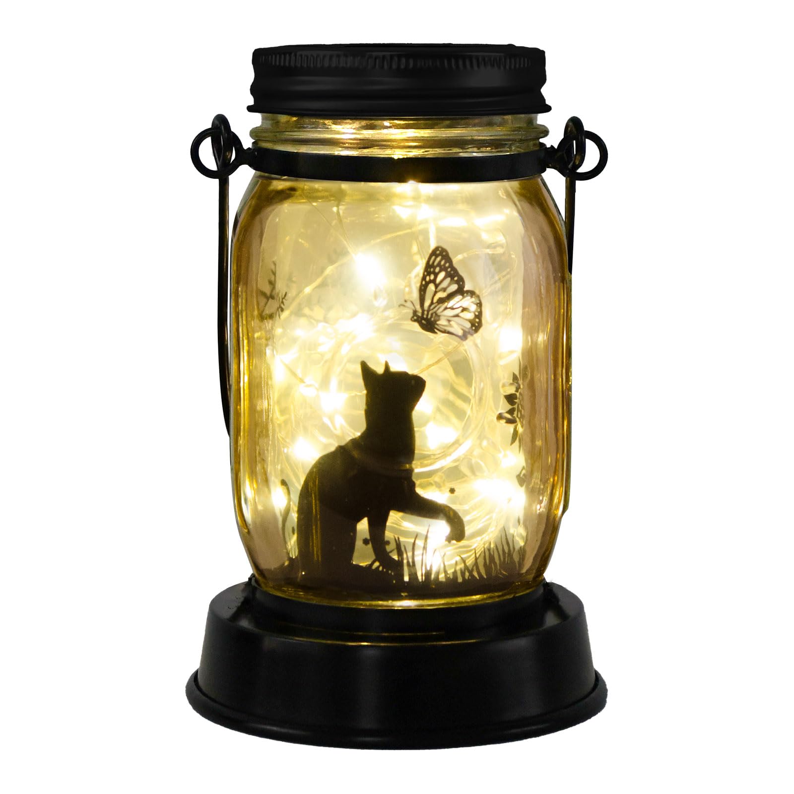 JOBOSI Cat Butterfly Solar Light jar side casts dancing shadows at night.