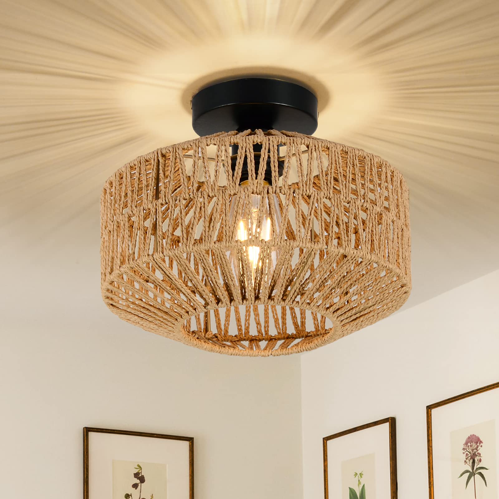 Jobtical boho rattan ceiling mount light with handwoven cage for warm ambient illumination.