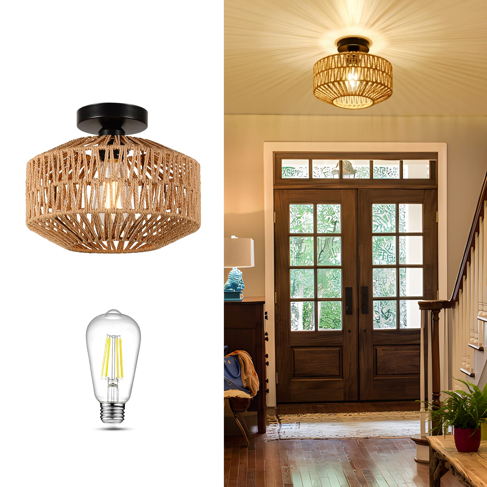 Jobtical mini rattan chandelier with dimmable LED for adjustable mood lighting.
