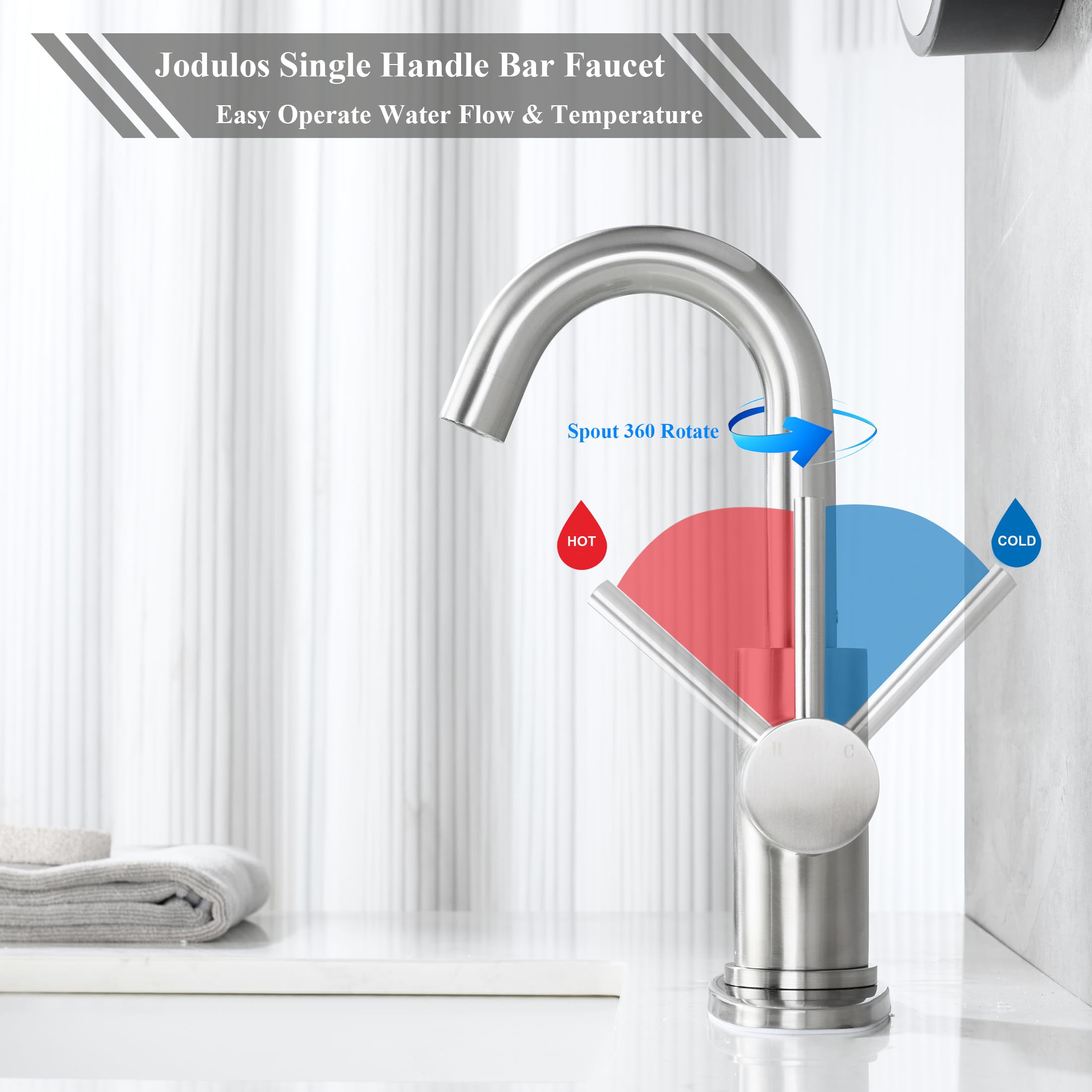 Jodulos bar sink faucet offers a tall 10-inch height and 7.5-inch spout reach.