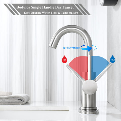 Jodulos bar sink faucet offers a tall 10-inch height and 7.5-inch spout reach.