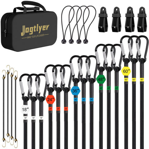 Jogtlyer bungee cords set shown with all pieces for versatile outdoor securing.