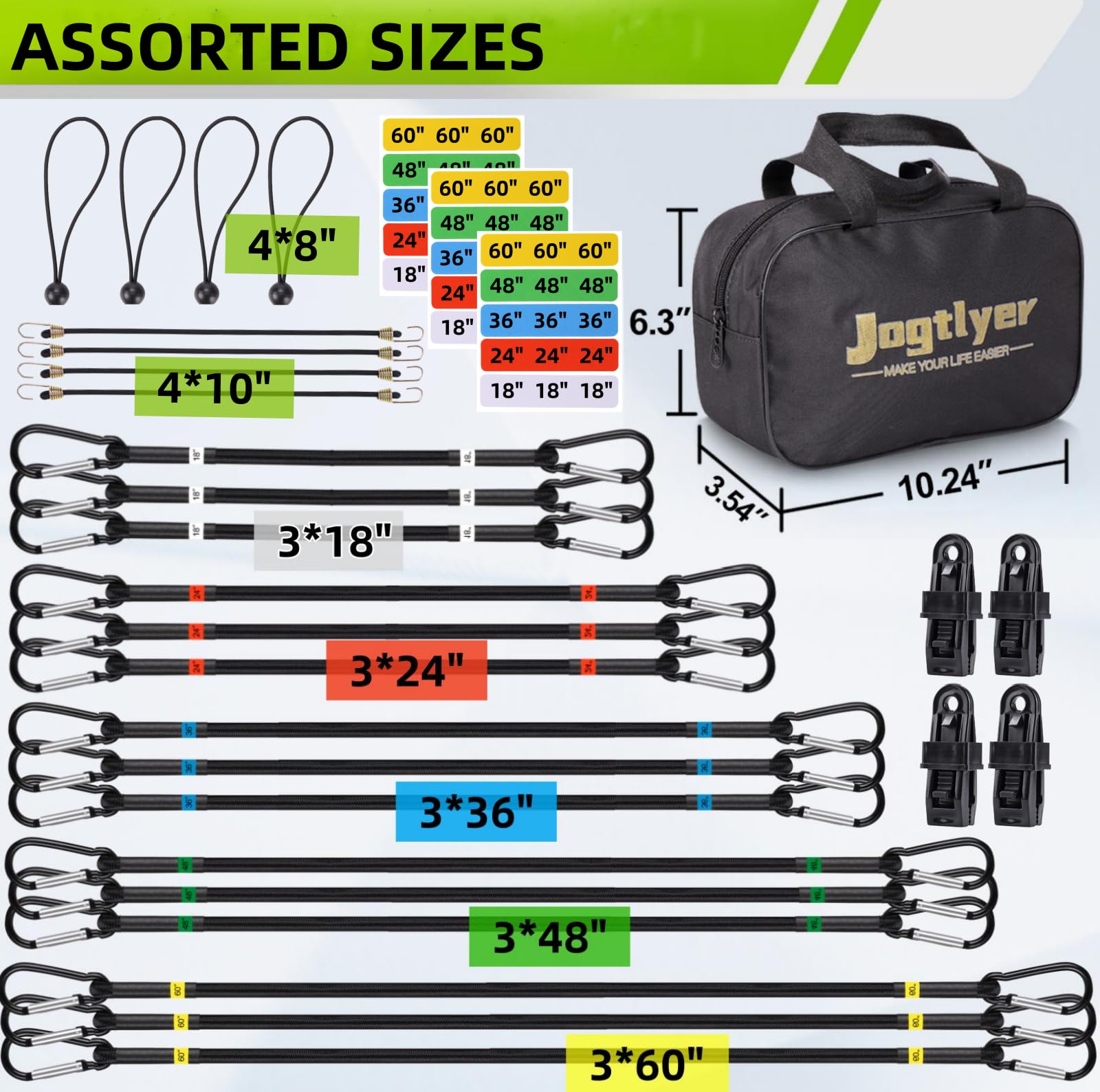 Jogtlyer bungee cords with aluminum carabiner hooks provide secure anchor points.