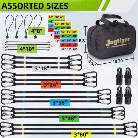Jogtlyer bungee cords with aluminum carabiner hooks provide secure anchor points.