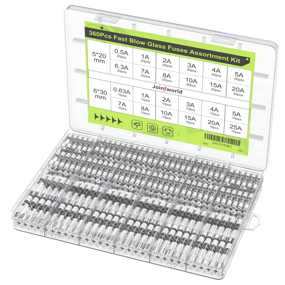 Joinfworld 360Pcs fast blow glass fuses kit for automotive circuits, reliable protection.