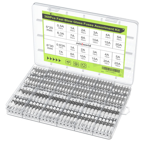 Joinfworld 360Pcs fast blow glass fuses kit for automotive circuits, reliable protection.