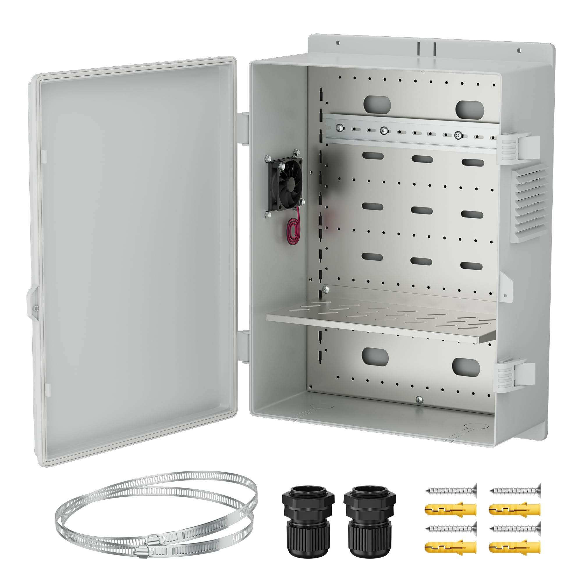 Joinfworld vented outdoor enclosure box front view with weatherproof design and fan cooling.