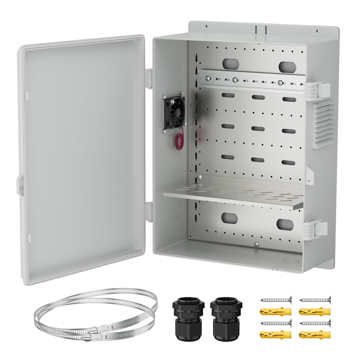Joinfworld vented outdoor enclosure box front view with weatherproof design and fan cooling.