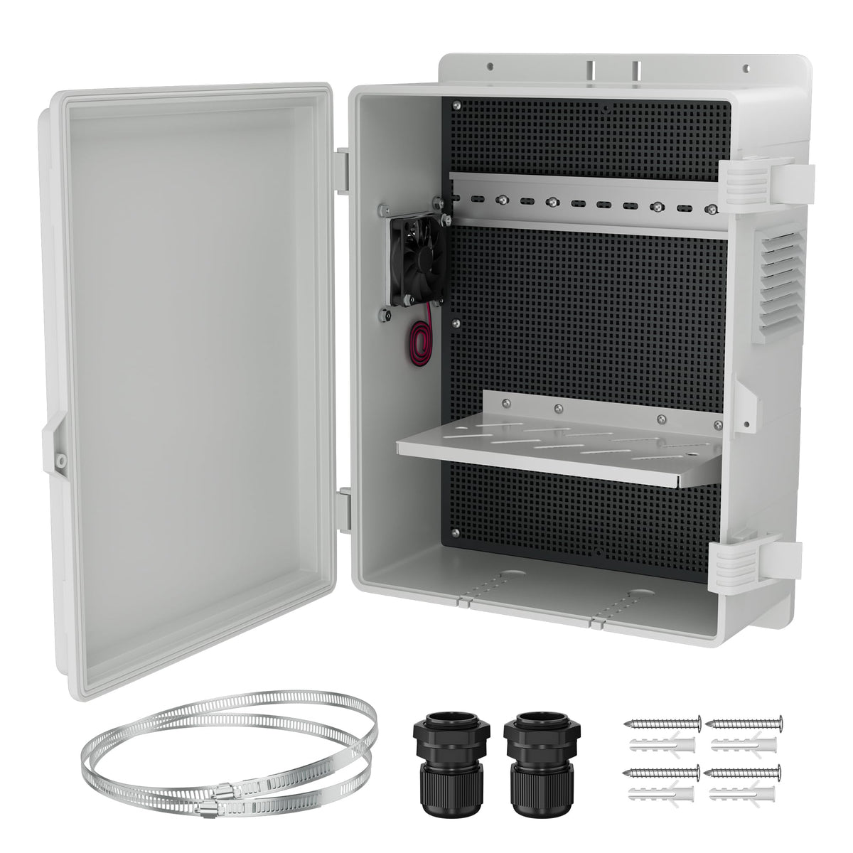 Joinfworld white outdoor box front view, weatherproof enclosure for outdoor WiFi devices.