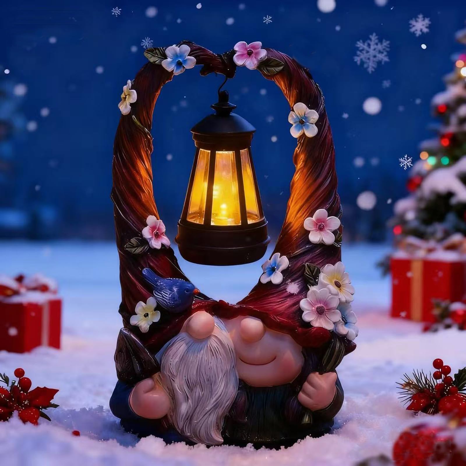 Joint Honglin couple gnomes with solar lantern left view for ambient garden lighting