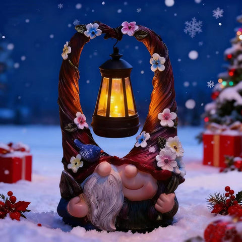 Joint Honglin couple gnomes with solar lantern left view for ambient garden lighting