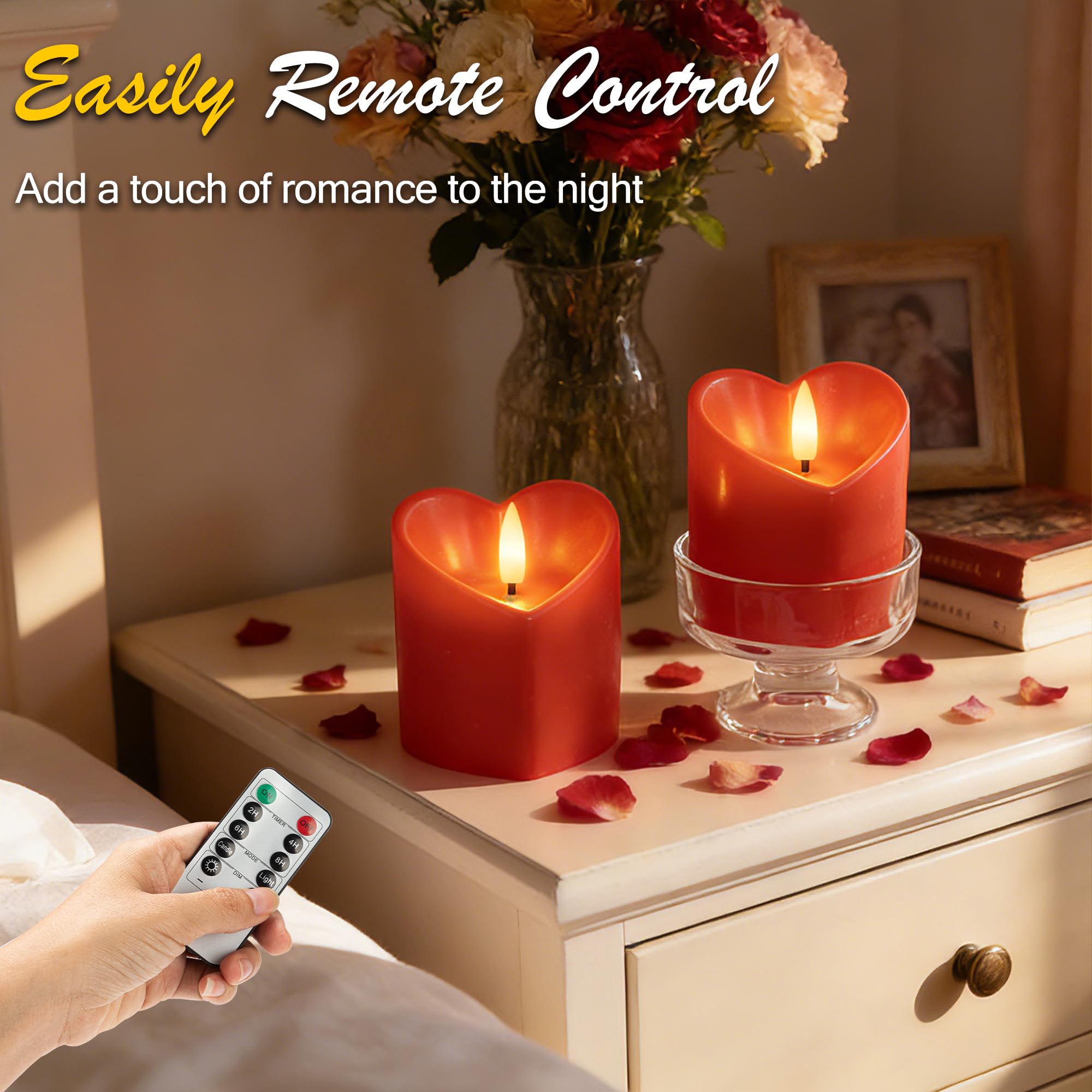 Remote control adjusts brightness and flicker for a coordinated mood.