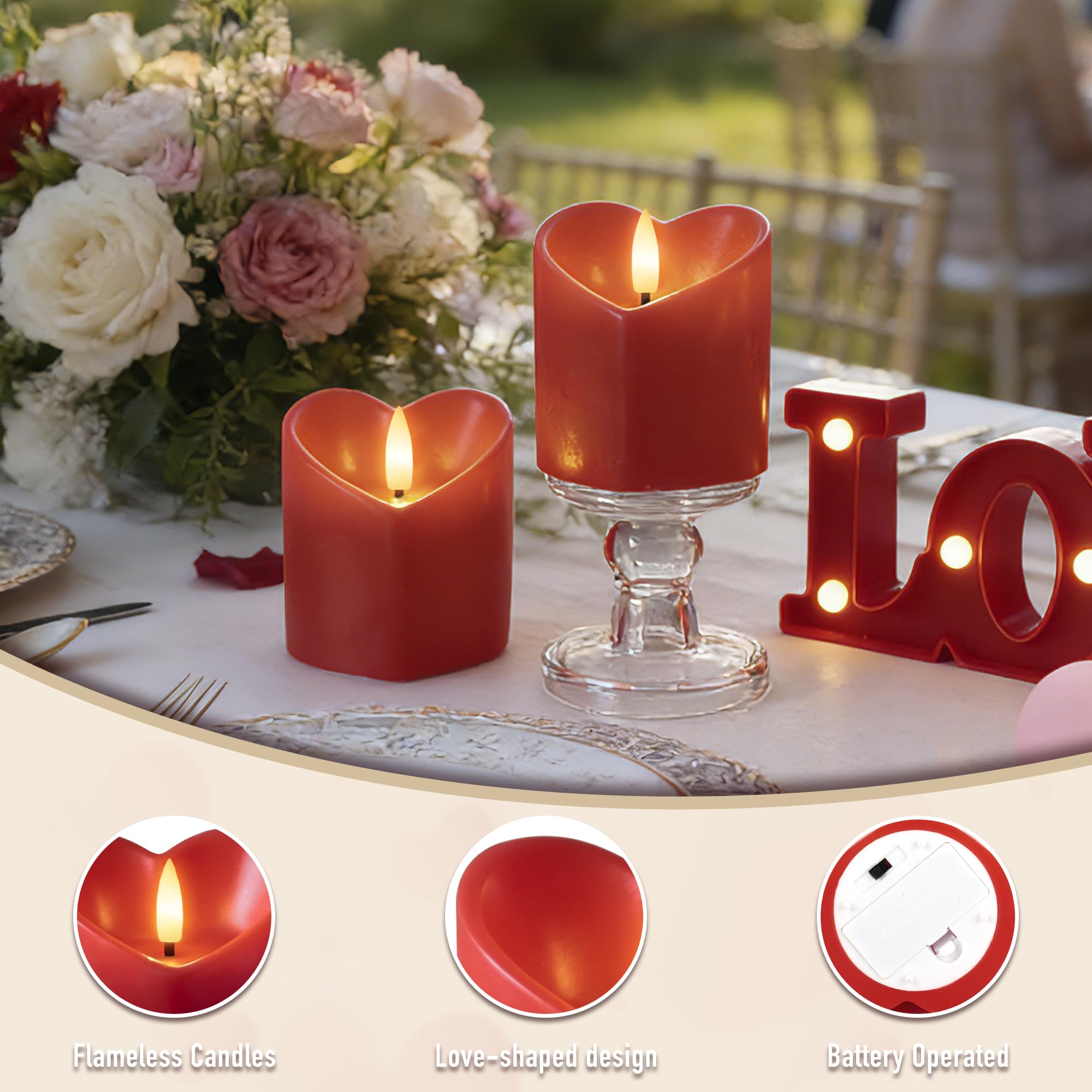 Two red heart-shaped candles add warm, romantic glow to tables.