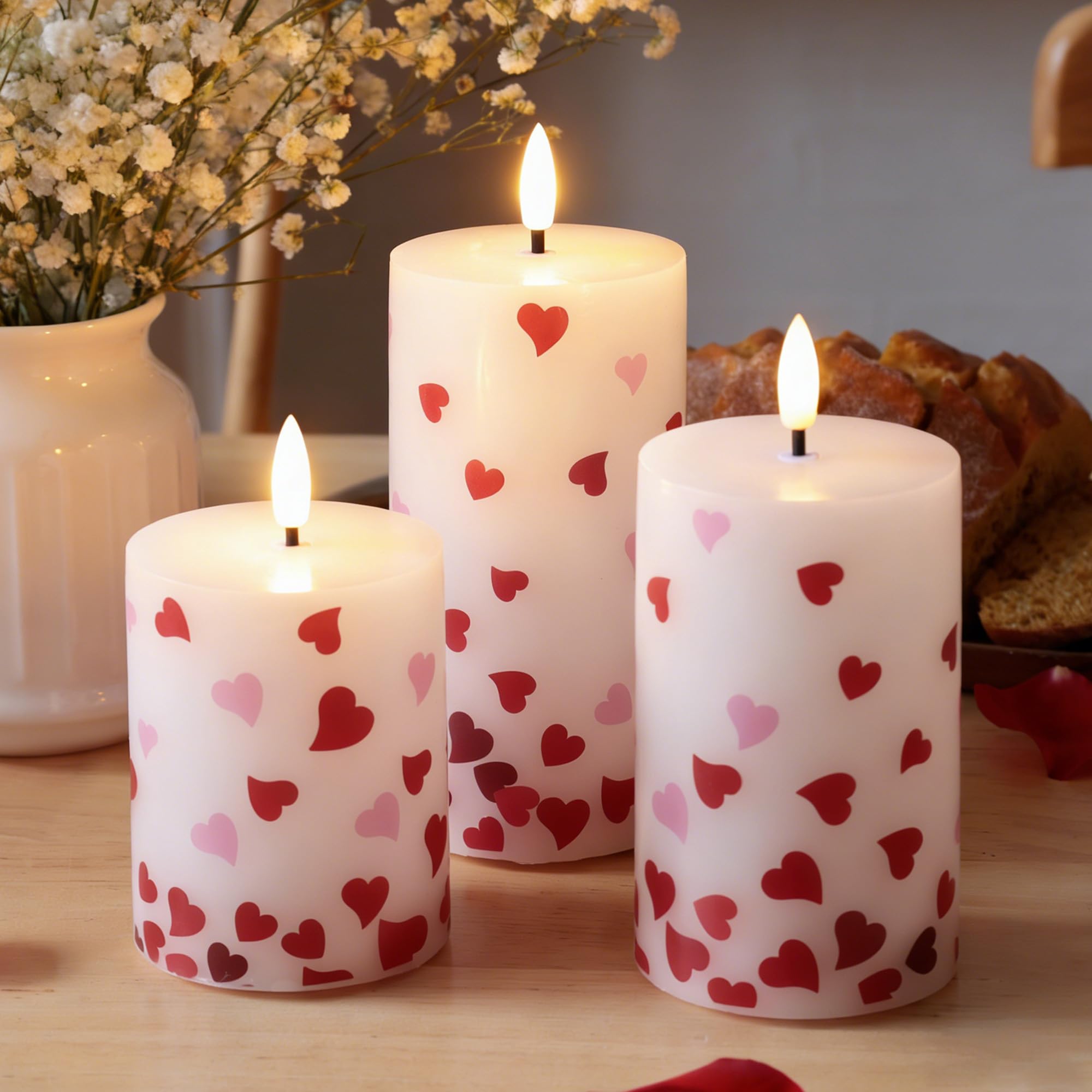 JOIONE Valentines flameless pillar candles with remote for easy ambiance control