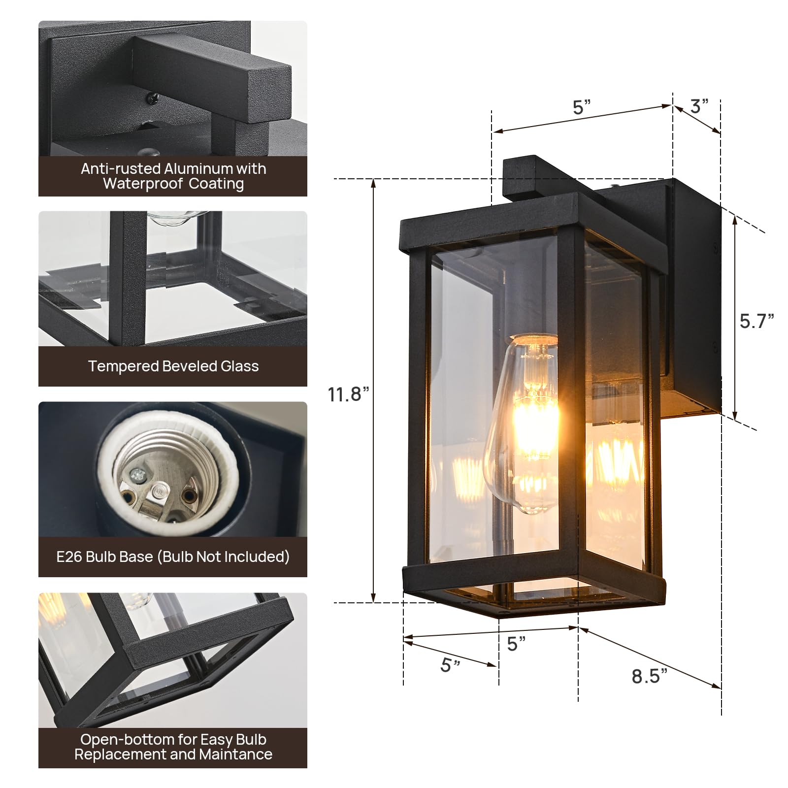 JOKAONOTL exterior wall light with metal frame and tempered glass