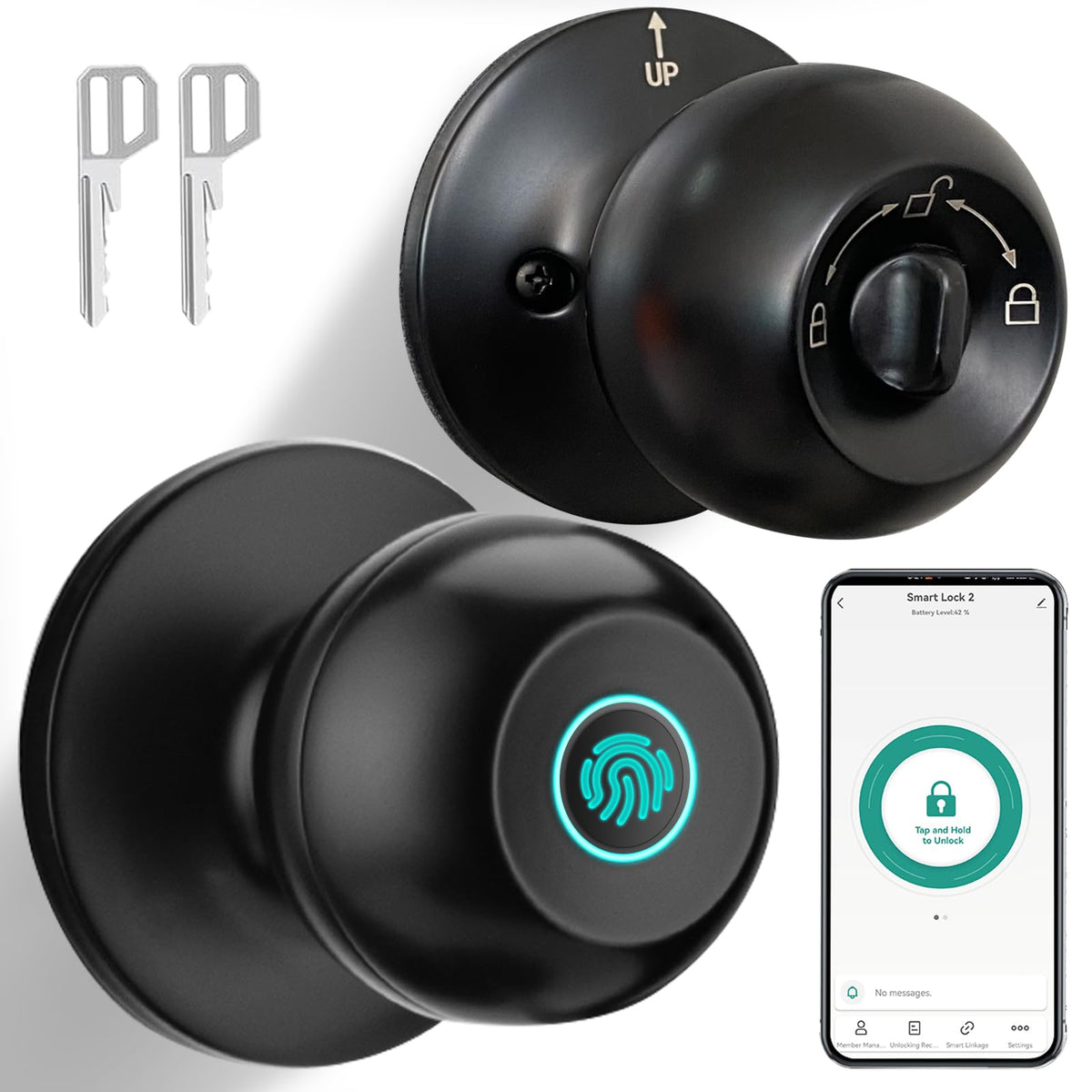 JO.KO fingerprint lock front view with sleek black finish for modern doors
