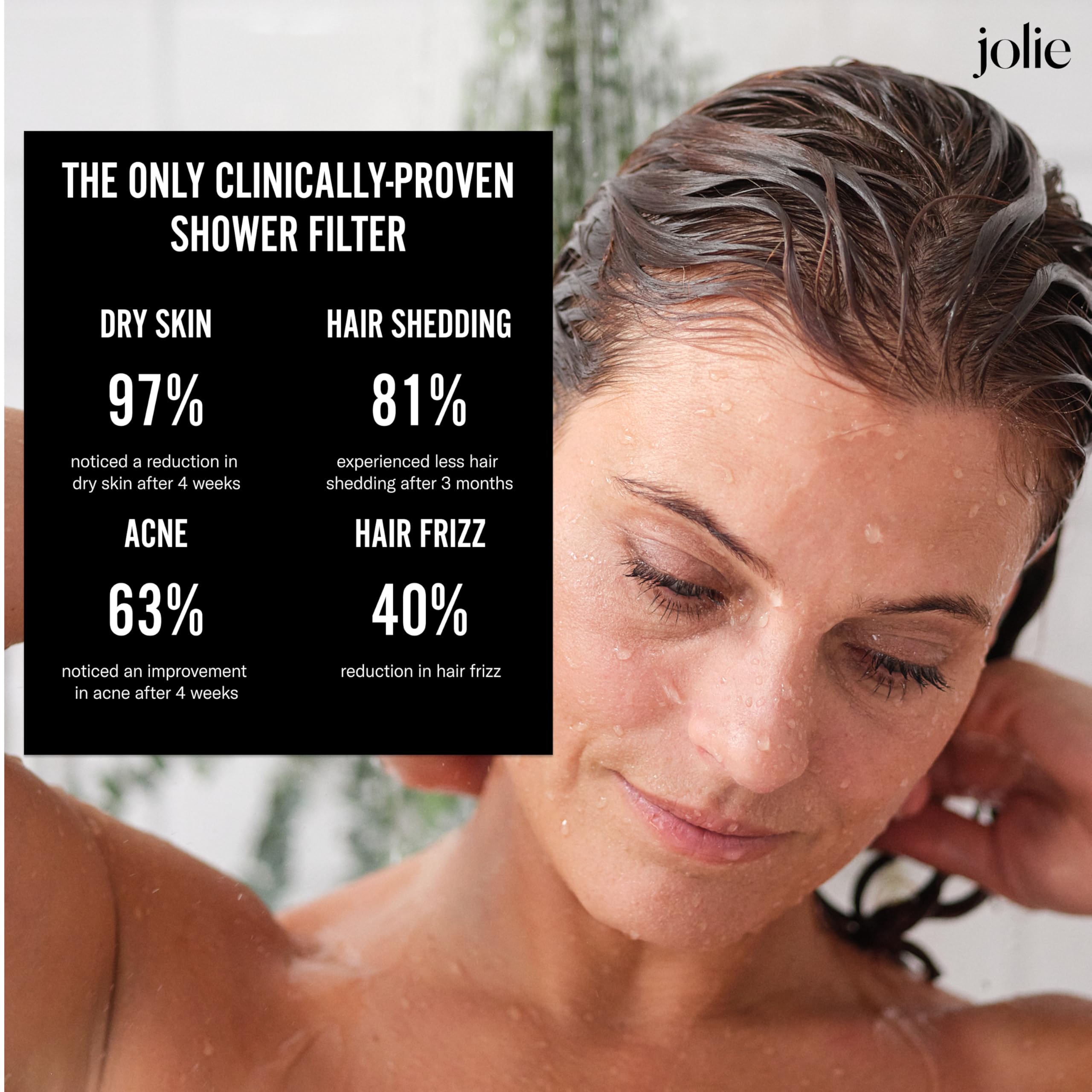 Dermatologist-trusted Jolie shower filter shown in a modern bathroom
