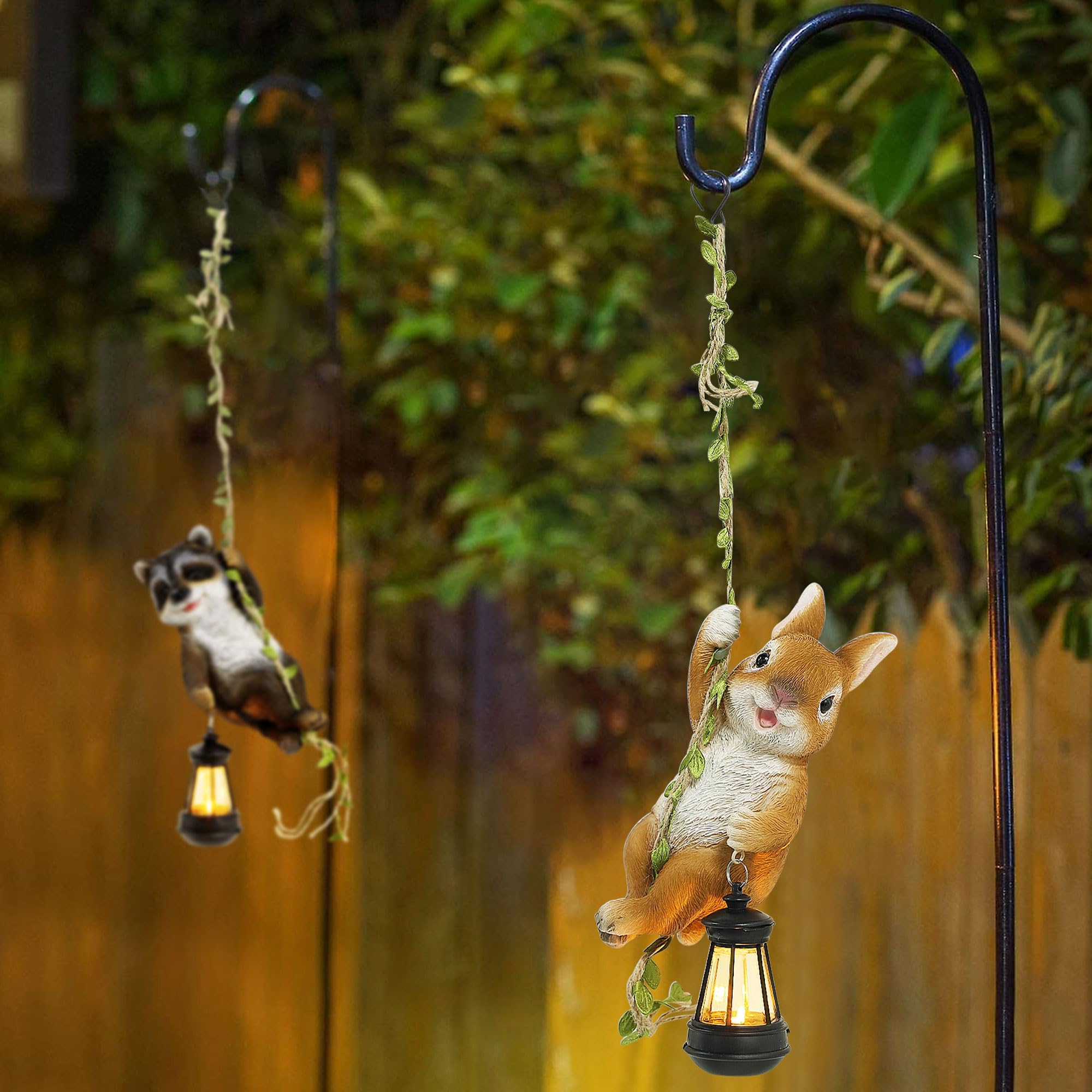 Joliyoou resin rabbit figure hangs easily or sits on a railing.