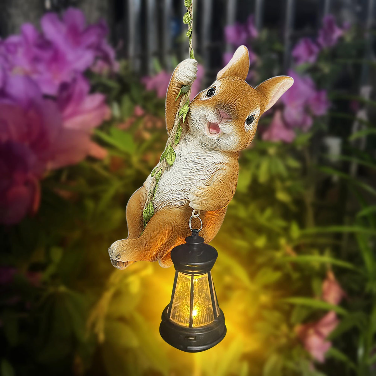Joliyoou solar rabbit on vine lantern brightens outdoor spaces with warm glow.