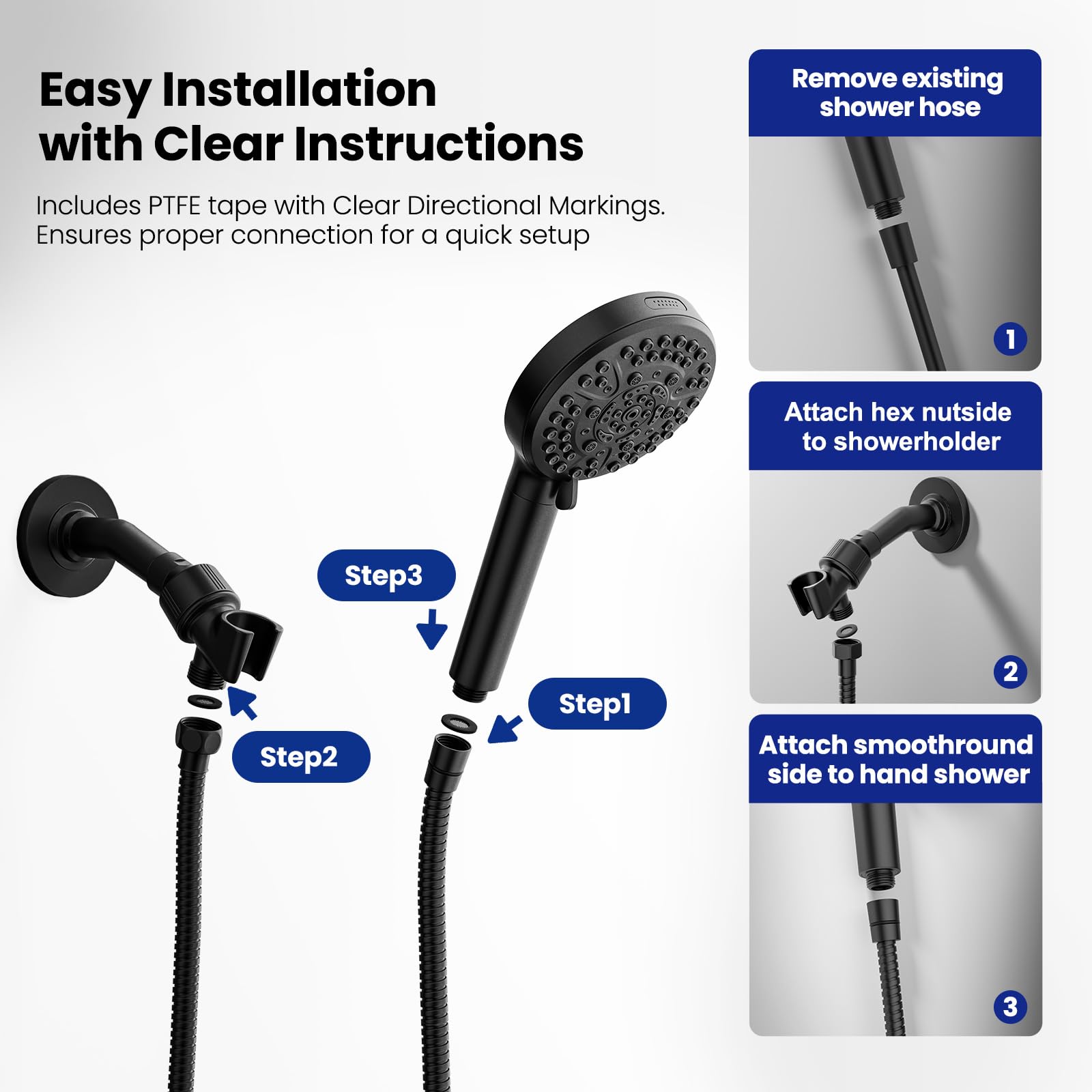 JOMOO durable stainless steel hose with a matte black finish for a sleek bathroom look.
