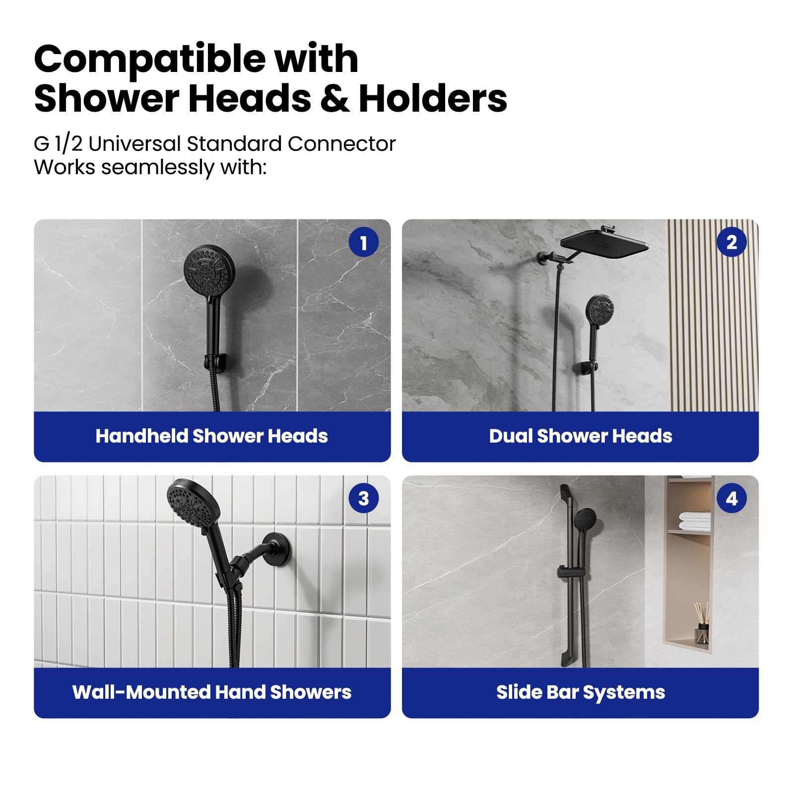 JOMOO universal 1/2 inch G threads fit most showers.