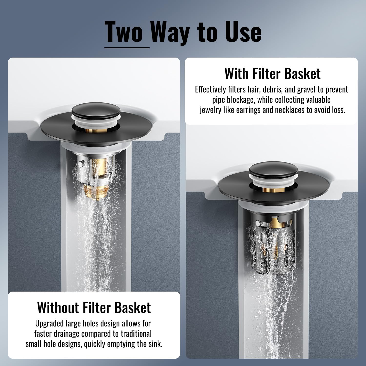 JOMSTHOME universal-fit stopper demonstrates adjustable seal for different drains.