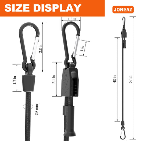 Joneaz bungee cords with metal carabiner clip provide secure, repeatable connections.