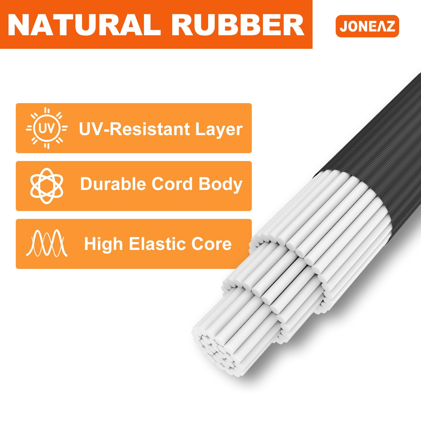 Joneaz latex-core bungee with UV-resistant sleeve for outdoor use.