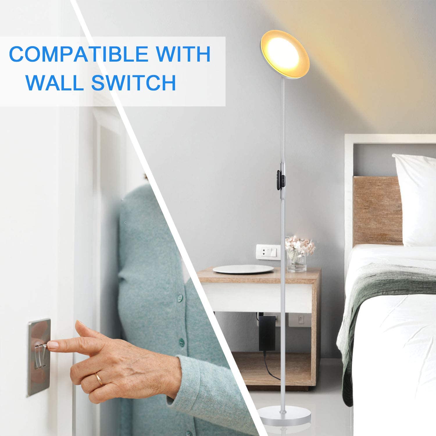 JOOFO sky LED torchiere offers three color temperatures for versatile ambience.