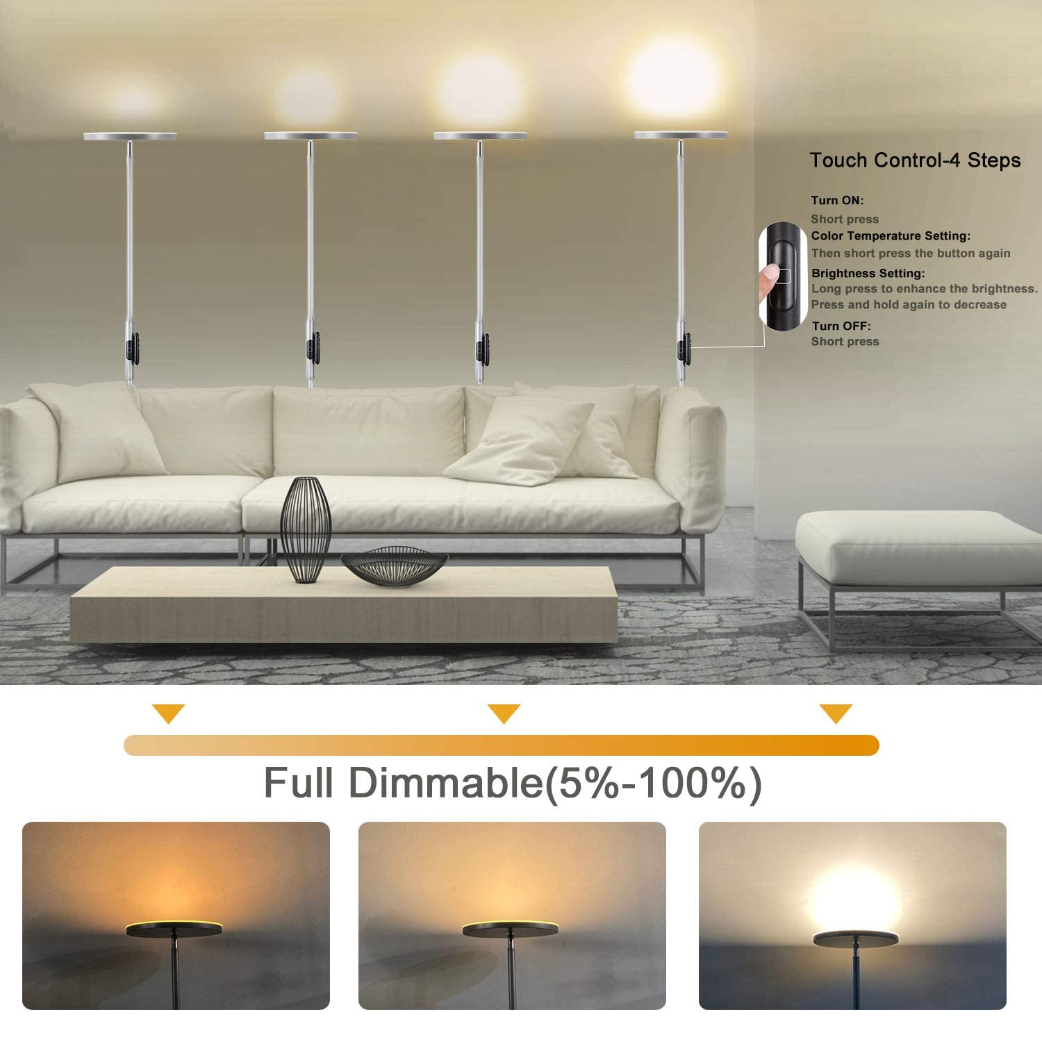 JOOFO floor lamp touch control for stepless brightness at your fingertips.
