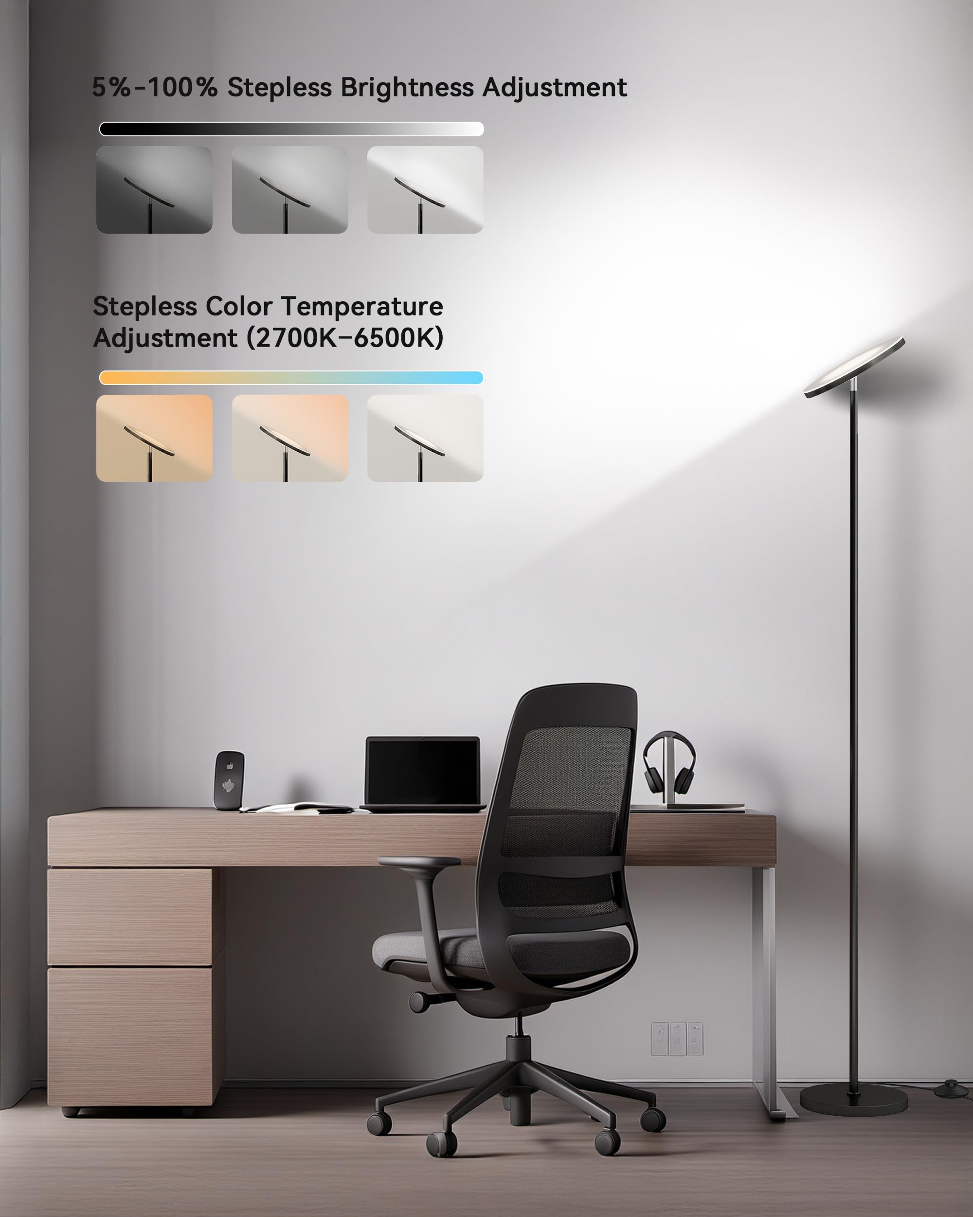 JOOFO floor lamp with foot switch for convenient operation from a sofa or chair.