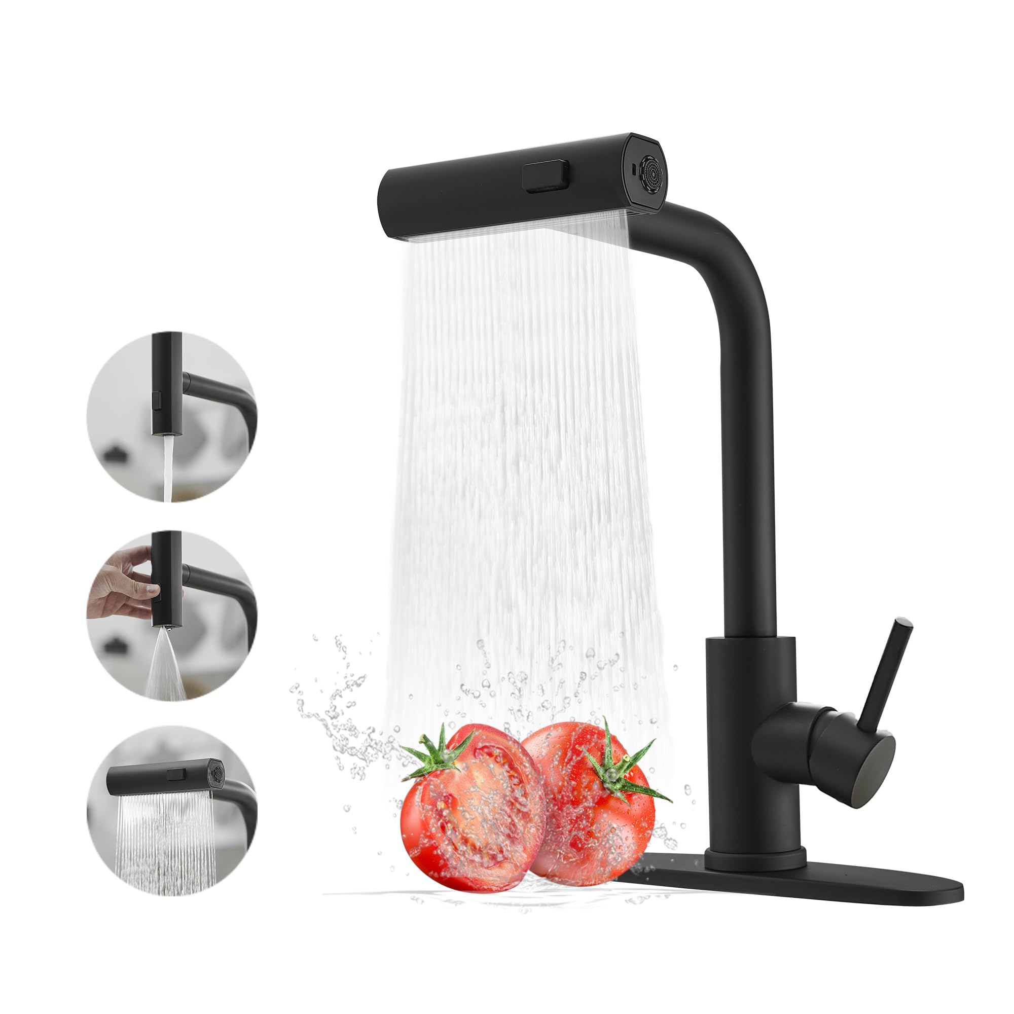 JOOM black kitchen faucet with pull-down sprayer for effortless cleanup.